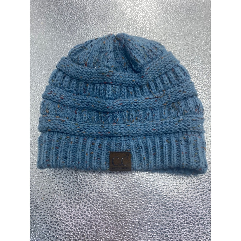 CC Exclusives Blue Confetti Cable Knit Beanie Slouchy Winter Hat Ribbed Logo